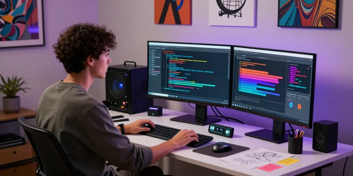 Creative workspace for NSFW AI development with advanced tech and vibrant displays.