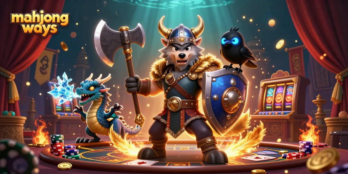 Engage with mahjong ways slot in this vibrant casino scene featuring a Viking warrior, dragon, and glowing raven.