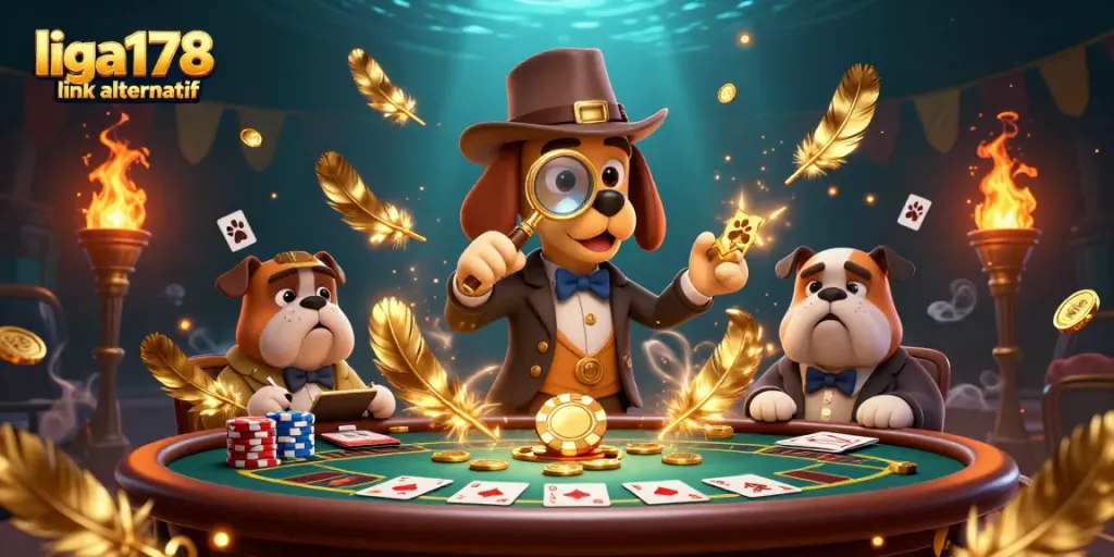 Gambarkan aksi menyerbu cuan di liga178 link alternatif dengan anjing detektif dan simbol poker emas.