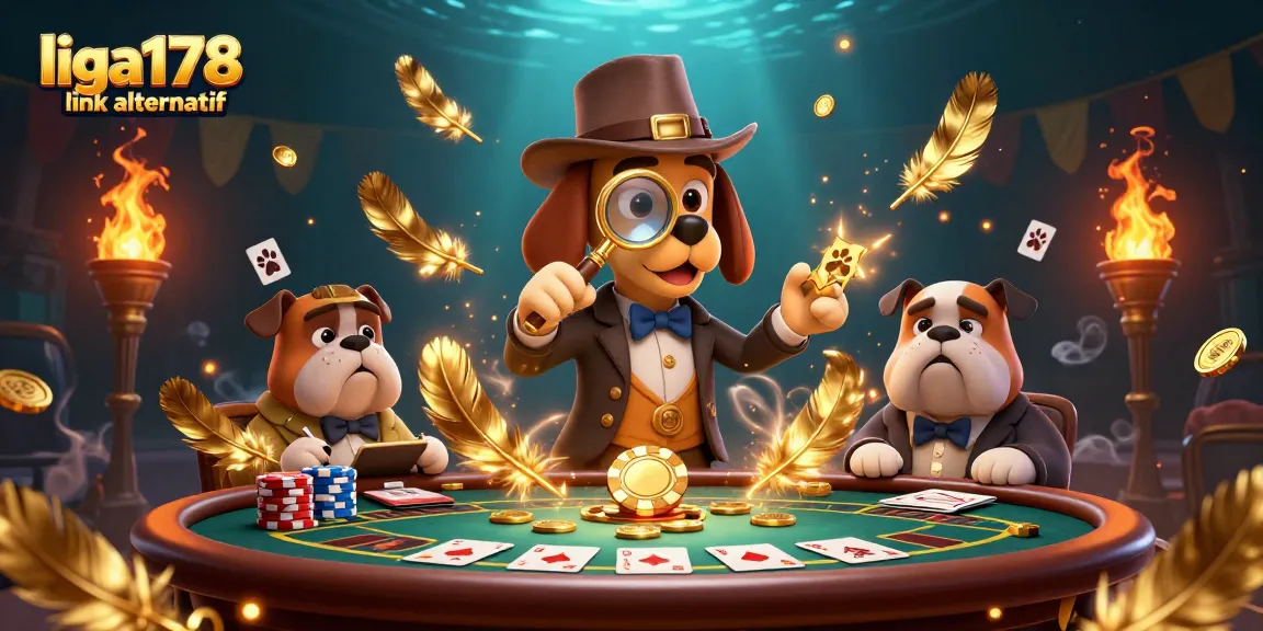 Gambarkan aksi menyerbu cuan di liga178 link alternatif dengan anjing detektif dan simbol poker emas.