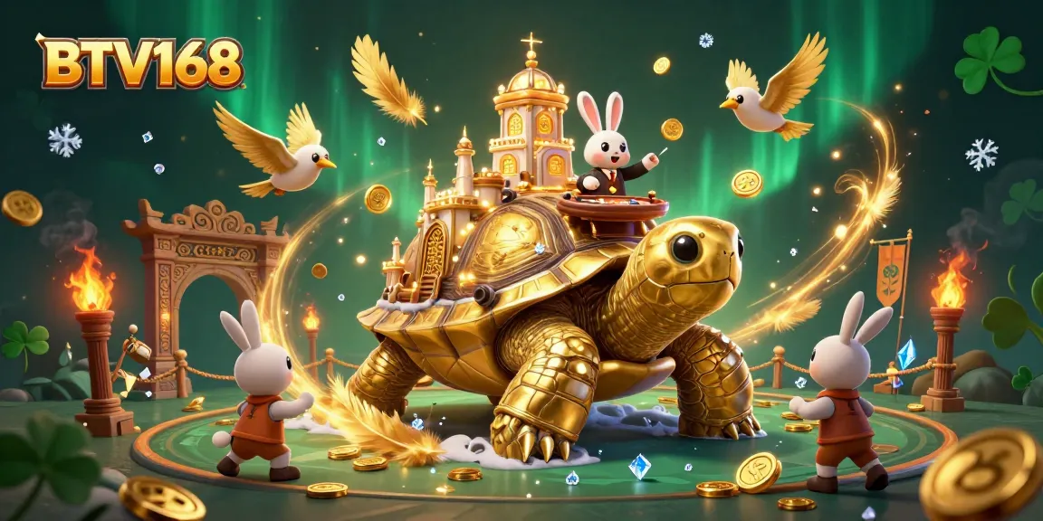 BTV168 showcases a vibrant gaming scene with a tortoise palace, rabbit dealer, and flying coins.