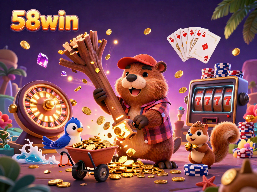 Engage in thrilling gaming at 58win with animated characters celebrating winnings amidst vibrant casino elements.