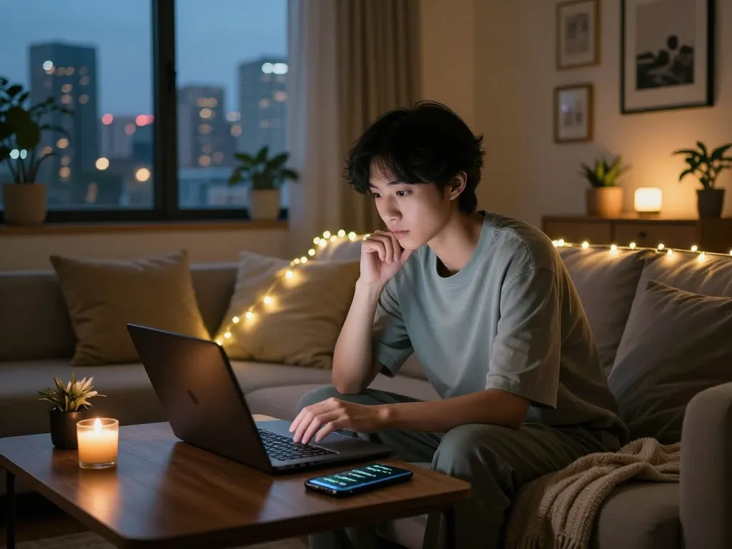 Engaging in NSFW chat in a cozy living room setting with warm lighting