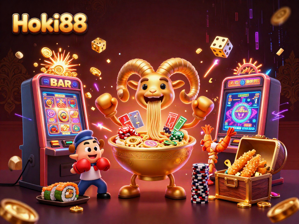 Gambar Hoki88 menampilkan karakter kartun lucu dalam suasana kasino dengan permainan slot yang meriah.
