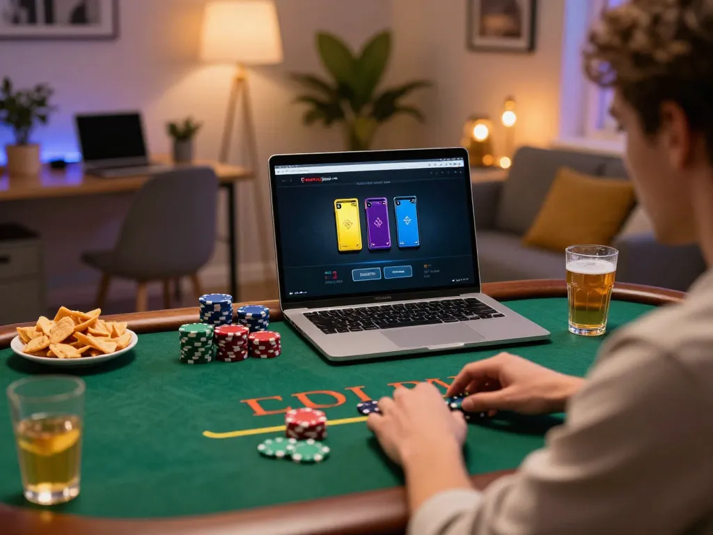 Player enjoying an engaging 88aa online poker game at home with chips and strategy notes visible.