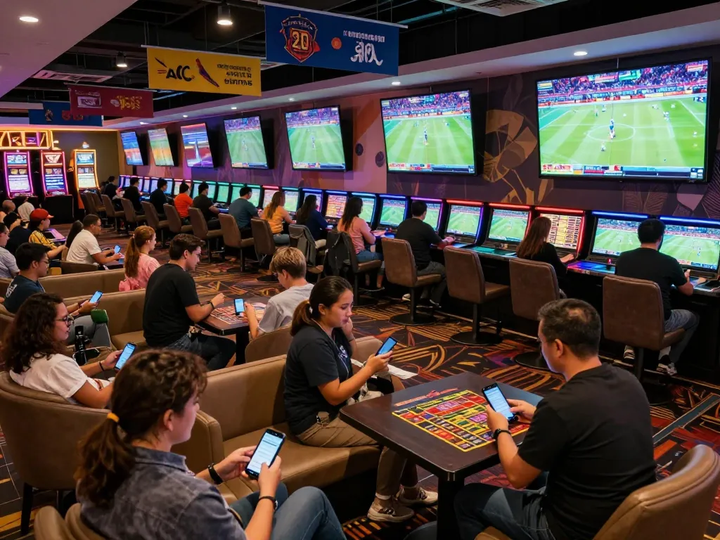 Patrons engaged in god55 sports betting, using mobile devices to place wagers while enjoying live action on screens.
