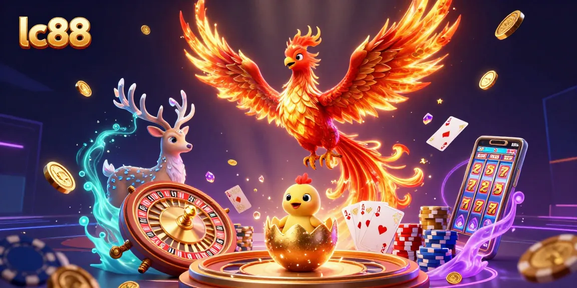 Experience high-stakes action with lc88 as a golden phoenix soars amidst casino elements.