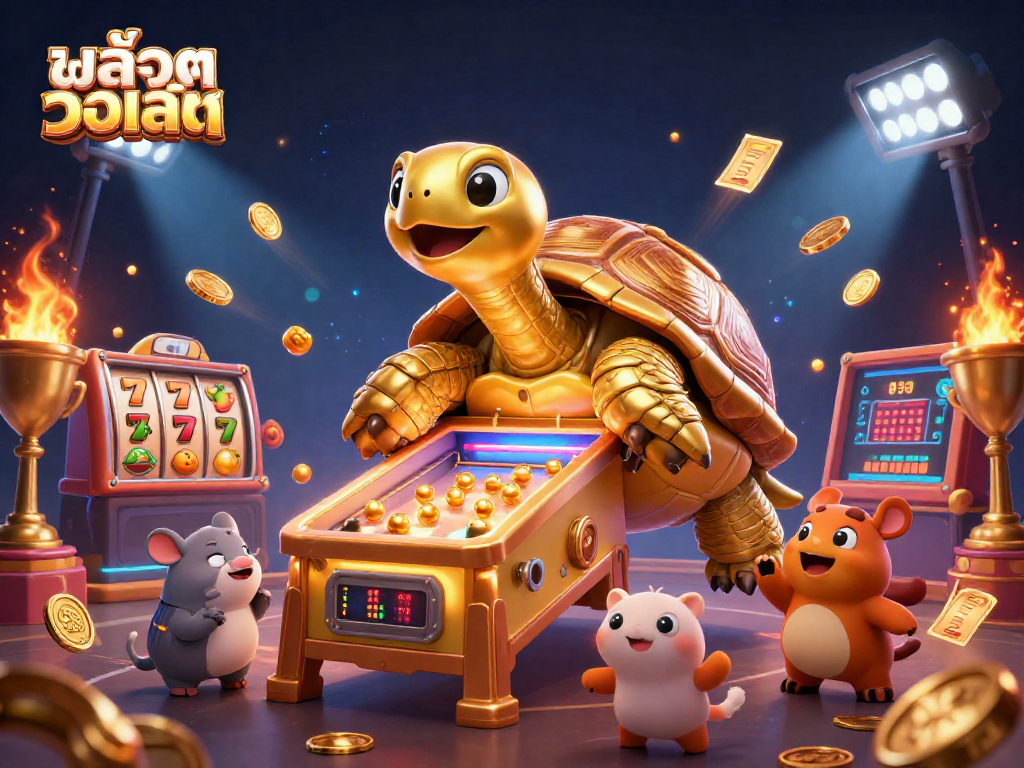 Experience the excitement of สล็อตวอเลท with a golden tortoise pinball machine surrounded by casino elements.