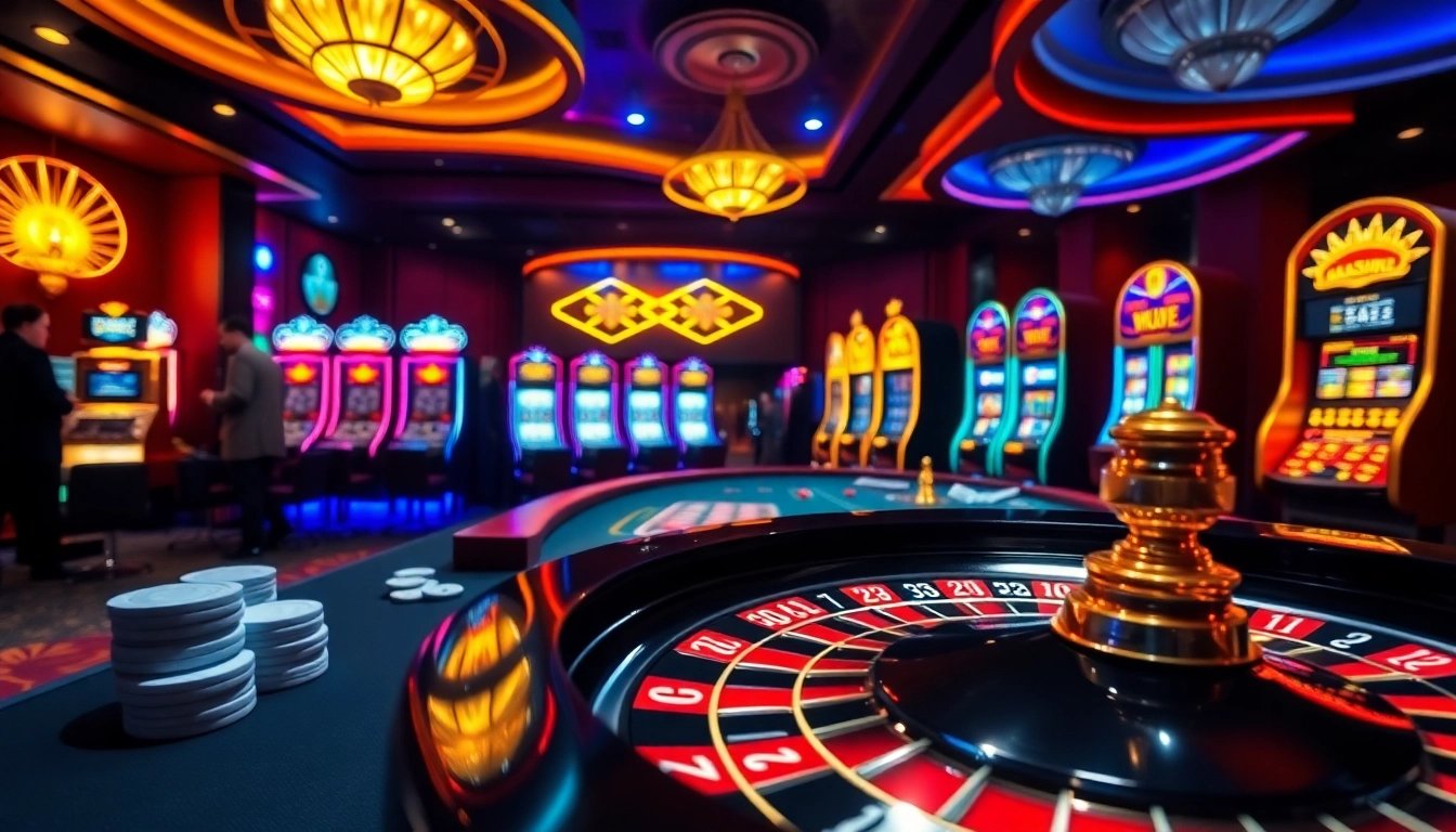 LC88 casino environment showcasing a roulette wheel and poker table with vibrant gaming action.