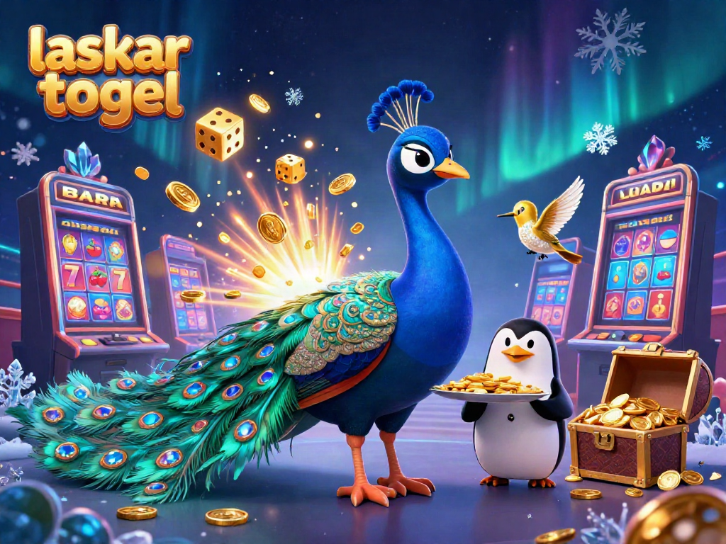 Laskar Togel atmosphere illustrated with a vibrant peacock and winning casino elements.