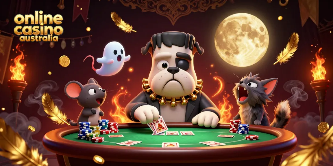 Play exciting poker at the online casino Australia featuring a Frankenstein bulldog dealer.
