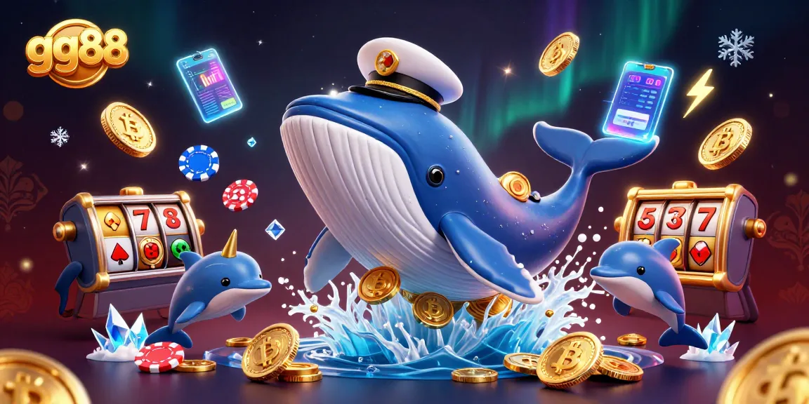 Engage in exciting gaming at gg88 with a vibrant scene featuring whales, coins, and poker chips!