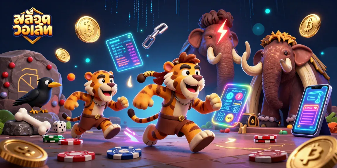 Engage in สล็อตวอเลท at a lively prehistoric casino with vibrant 3D characters and crypto elements.