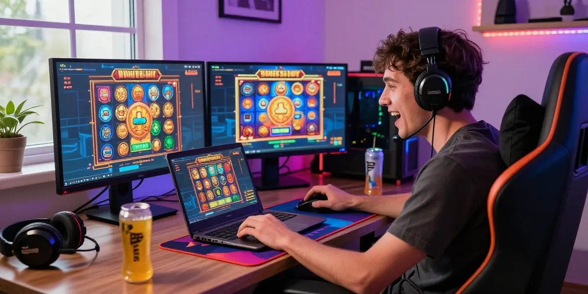 Player enjoying bonus buy slots UK in a vibrant gaming setup with colorful lights and accessories.