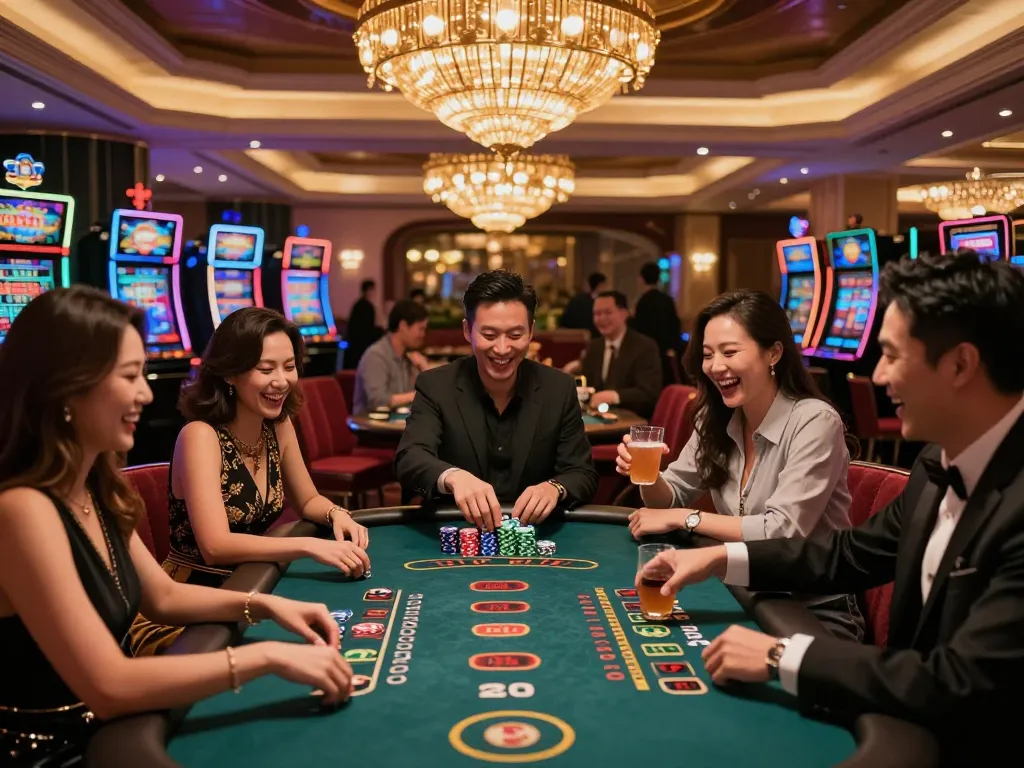 Exciting casino hong kong scene with friends gaming at a lavish casino.