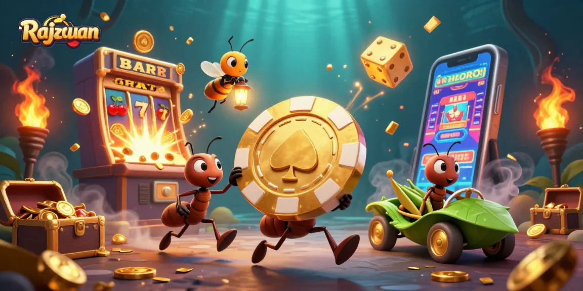 Rajacuan menghadirkan tim semut 3D melakukan pencurian chip poker emas di latar belakang kasino yang meriah.
