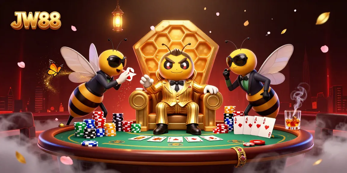JW88 online casino illustration showcasing a bumblebee mob boss directing a poker game with vibrant colors.