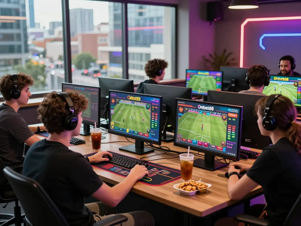 Dynamic online gaming experience at Onbet88 with players enjoying sports betting and casino games in a lively environment.