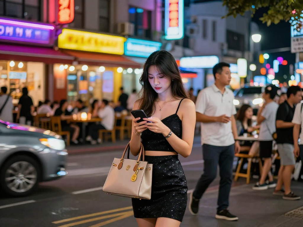 Gái gọi trong không khí sôi động của phố đêm thành phố, tạo nên phong cách và sự quyến rũ.