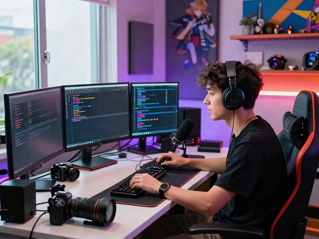 Konten kreator Vtuber rajawali77 di studio dengan peralatan streaming