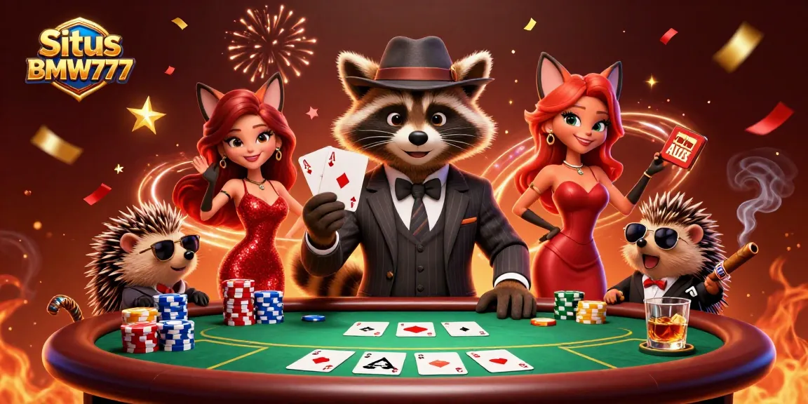 Situs BMW777 showcases a vibrant poker scene with a suave raccoon and charming fox in a celebratory atmosphere.