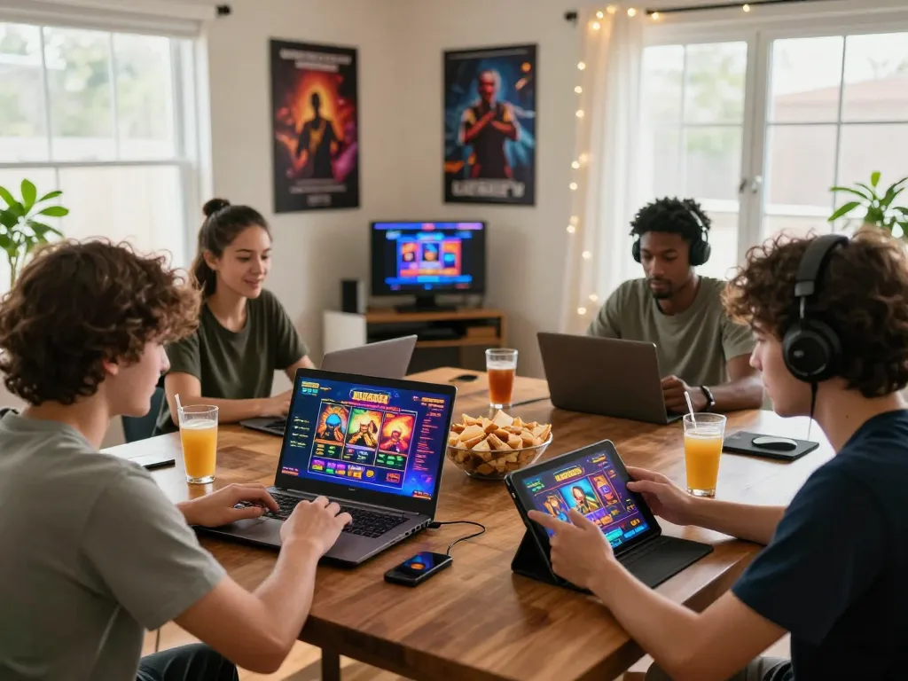 Exciting group of players enjoying slot gacor games together online in a cozy setting.