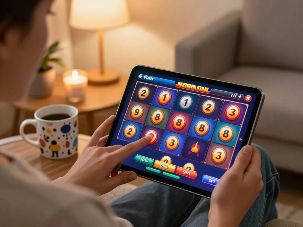 Engaged player enjoying slot online game on tablet in cozy living room atmosphere.