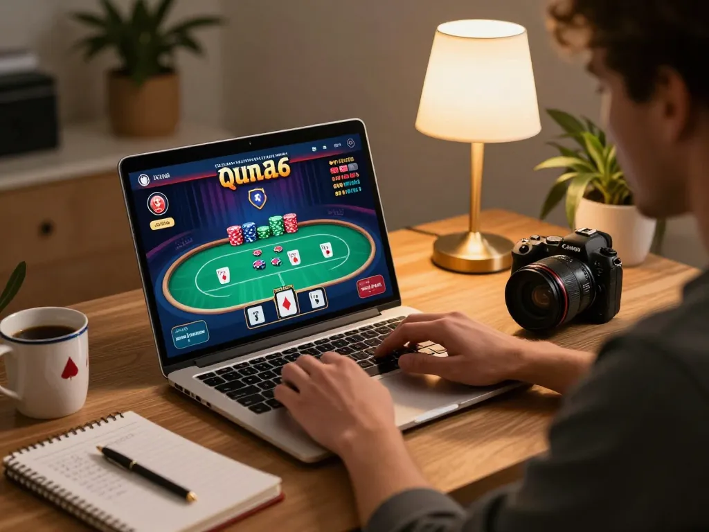 uu88 player engaged in online poker strategy at a modern gaming desk with cozy atmosphere.