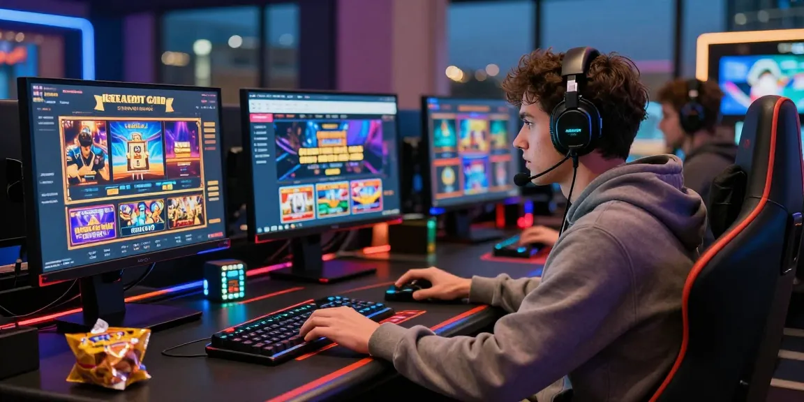 Immersive gaming scene showcasing a user at credit card casinos, featuring vibrant slot games and a dynamic atmosphere.