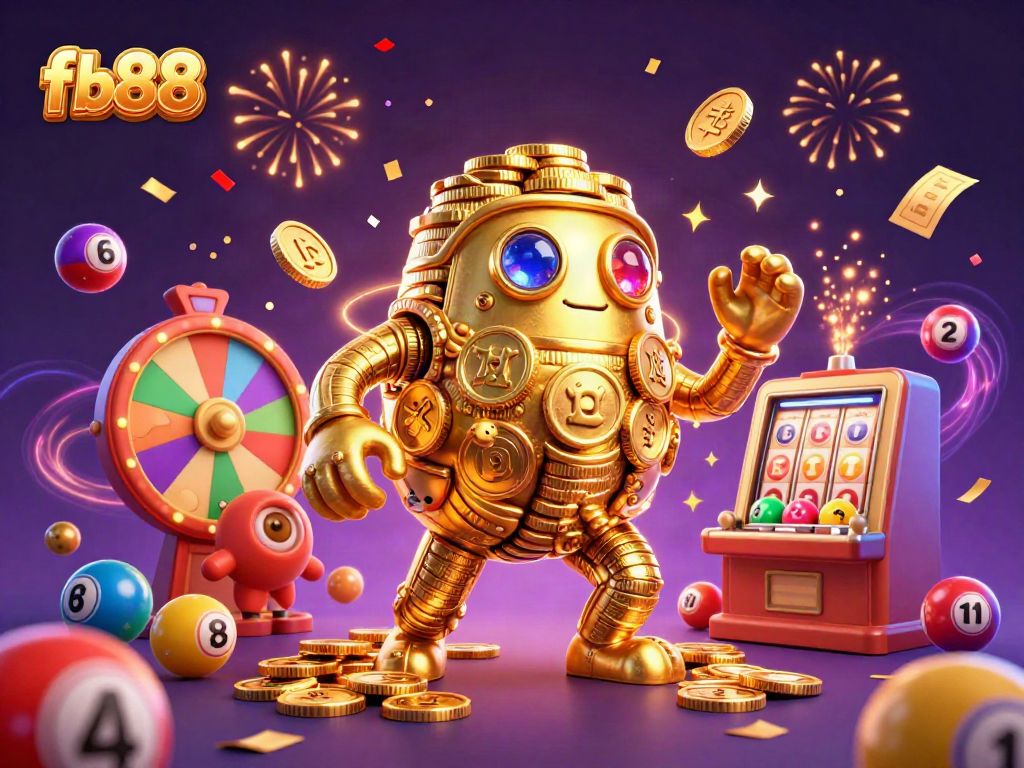 Experience the excitement of fb88 with a dynamic scene featuring a golden golem and colorful lottery elements.