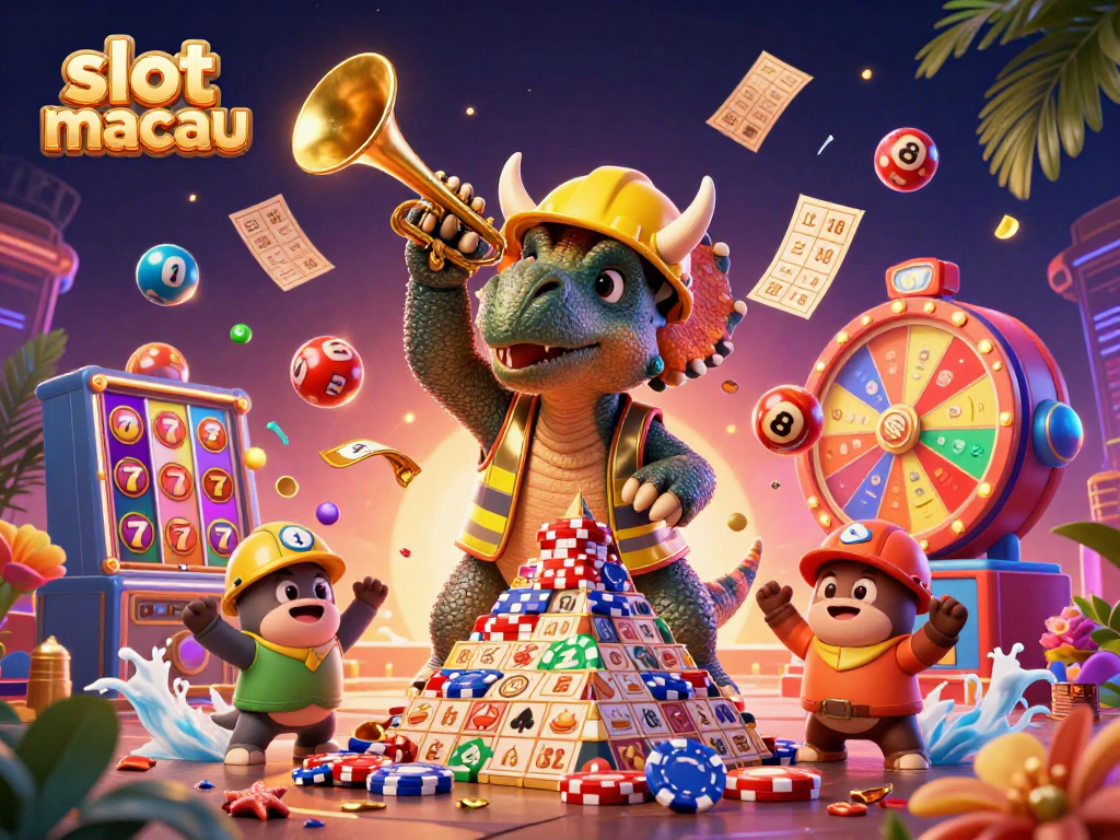 Experience excitement at slot macau with festive characters celebrating a jackpot.