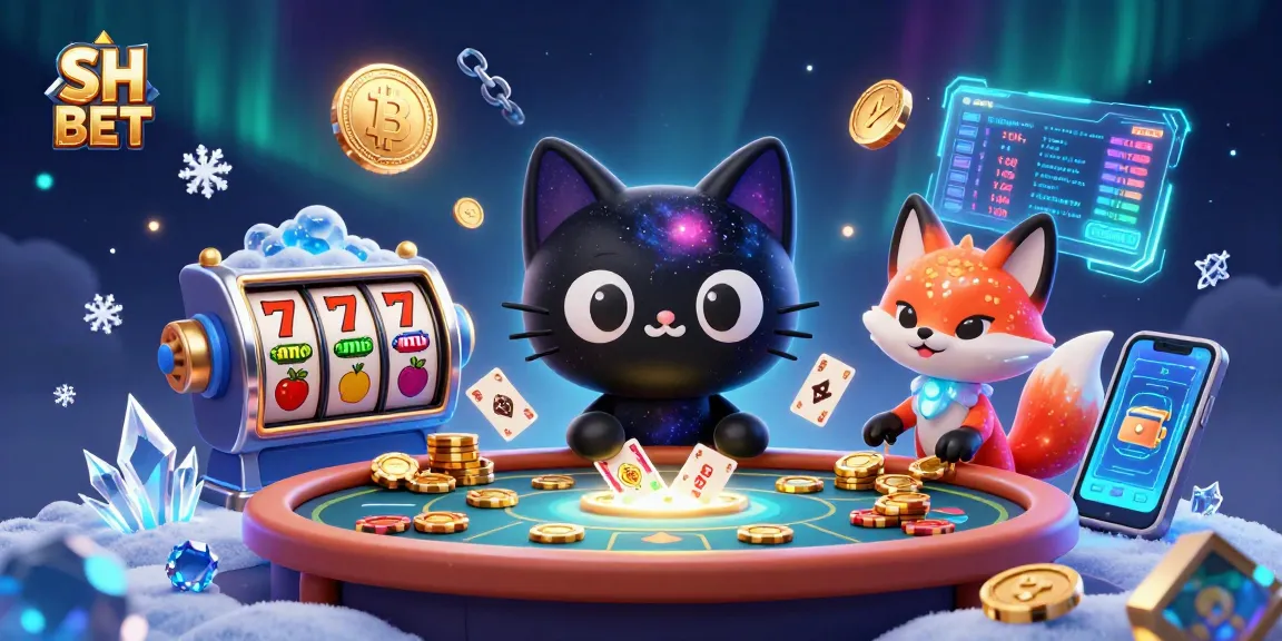 Engage with SH BET at a cosmic casino, featuring a black hole cat and a nebula fox amid slot games.