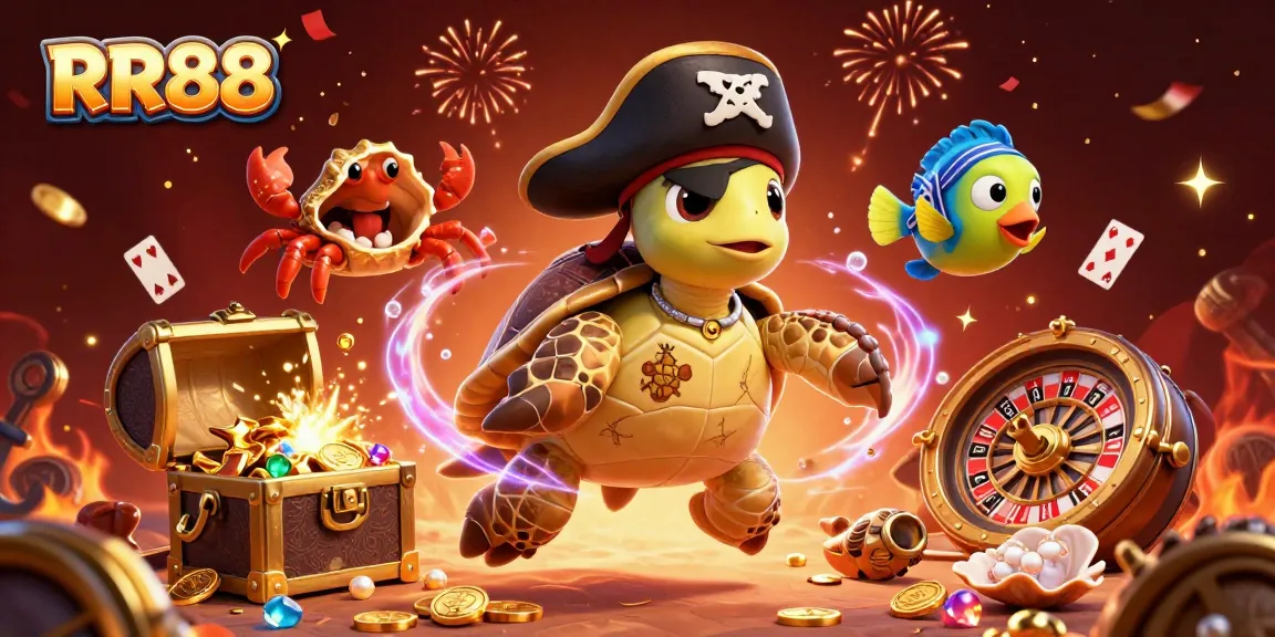 RR88 showcases a vibrant 3D casino adventure with treasure elements and dynamic gaming icons.