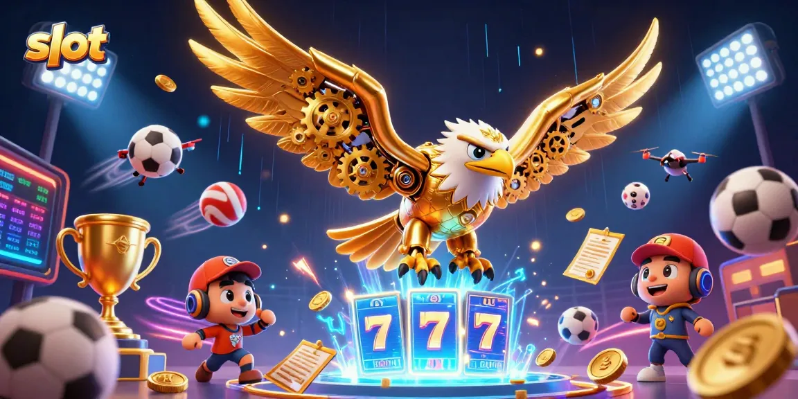 Engaging slot games experience depicted with a 3D golden eagle amidst vibrant casino elements and dynamic actions.