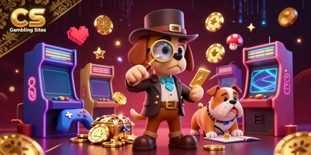 Engaging scene of dogs exploring CS Gambling Sites with vibrant arcade machines and casino elements.