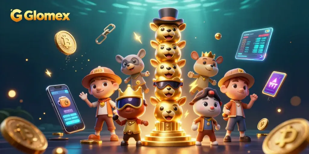 Engage with Glomex's lively digital casino experience, showcasing a vibrant array of gaming elements and characters.