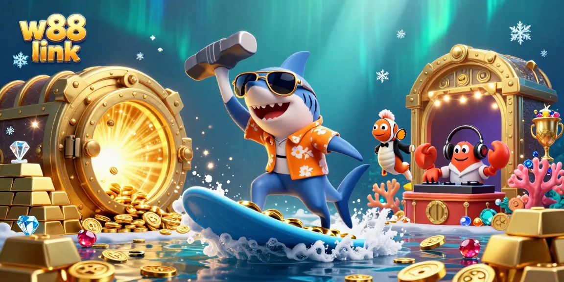 Surfing on gold coins with a shark, clownfish, and DJ crab promoting the w88 link.