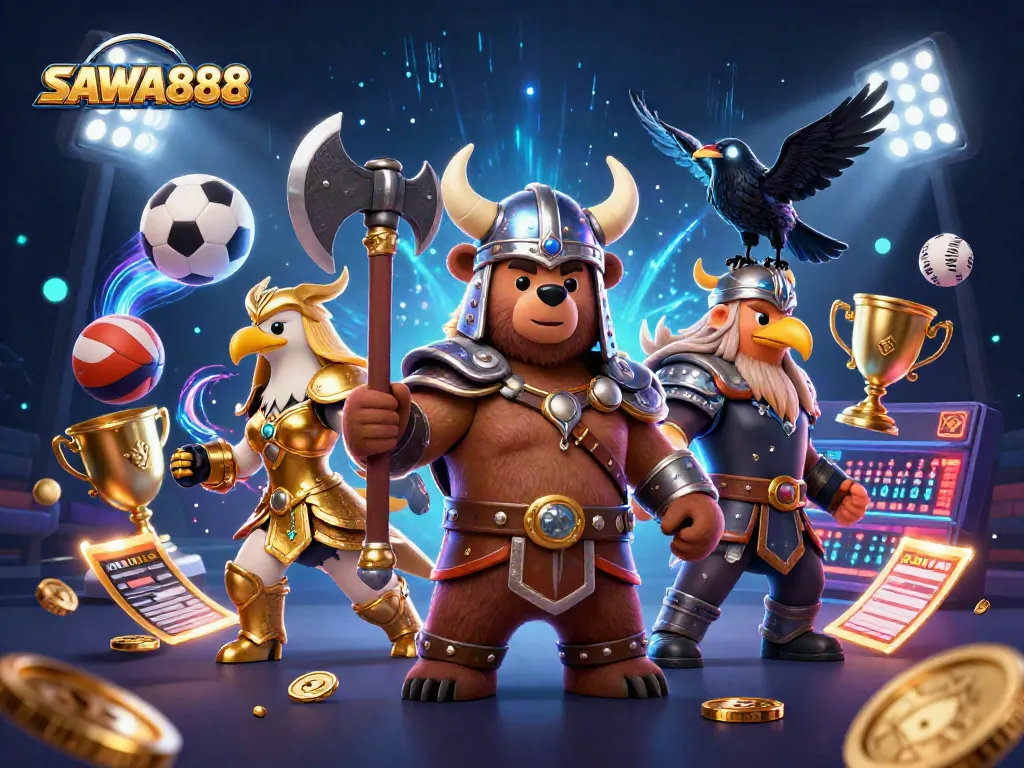Engage with SAWA888's dynamic gaming scene featuring a Viking berserker, Valkyrie eagle, and sports elements.