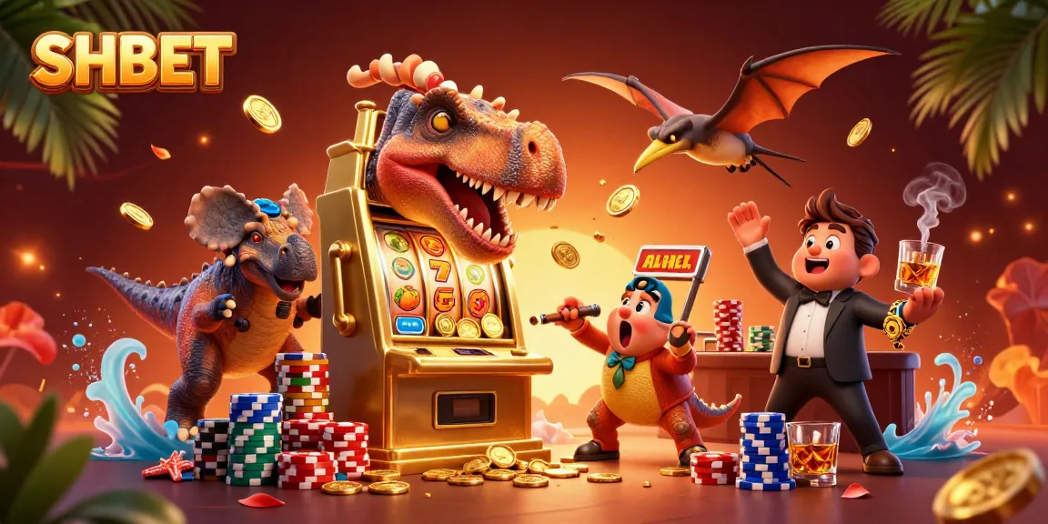 SHBET slot machine scene with a pachycephalosaurus winning jackpot coins while an ankylosaur manages the casino.