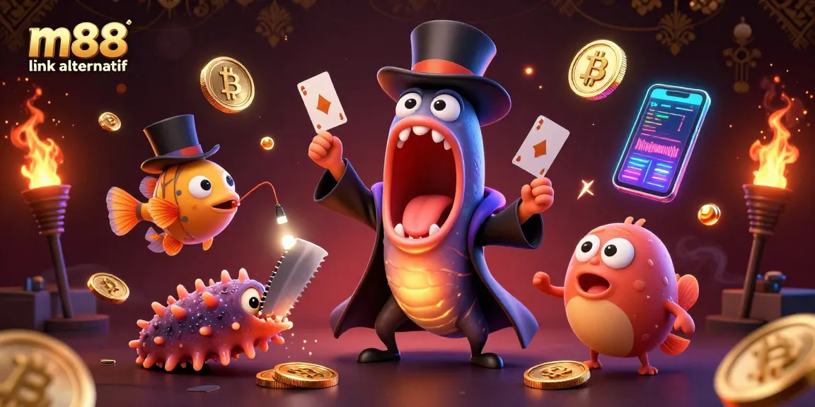 Engage with the thrilling world of m88 link alternatif, showcasing vibrant 3D underwater characters in a dynamic casino scene.