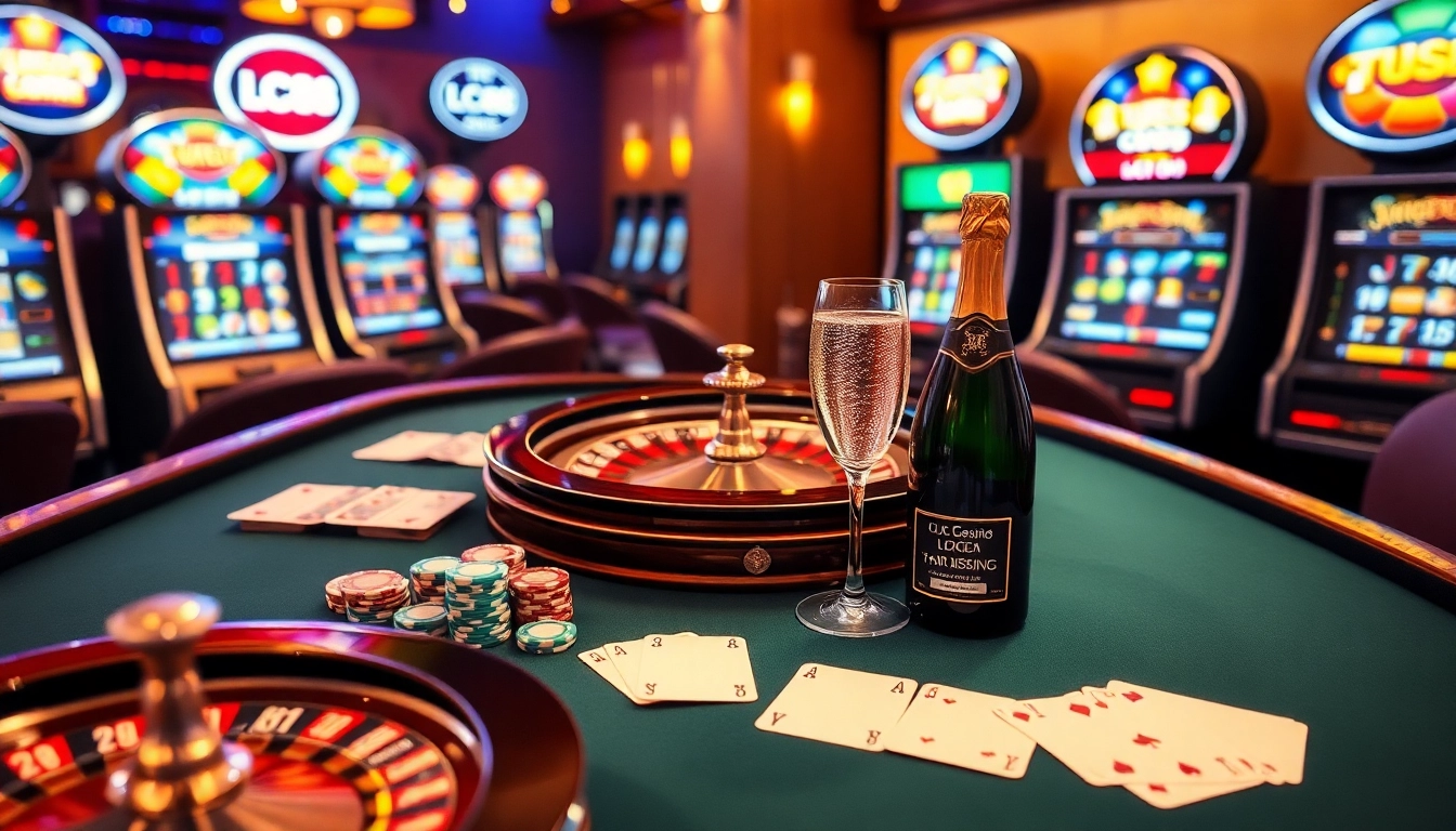 Engaging gambling scene featuring LC88 brand with roulette wheel, poker chips, and cards.