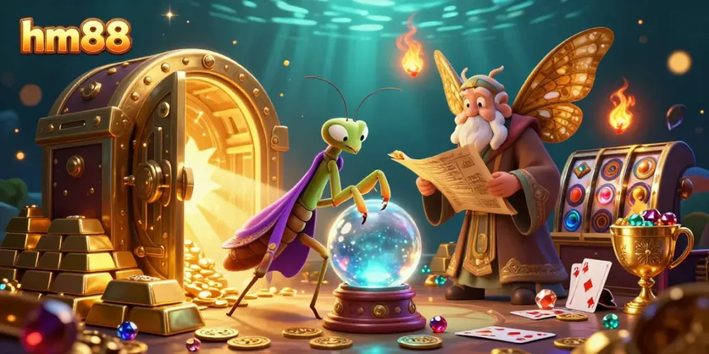 Engage in vibrant gambling action with hm88 as the fortune teller peers into a crystal ball surrounded by festive gaming elements.
