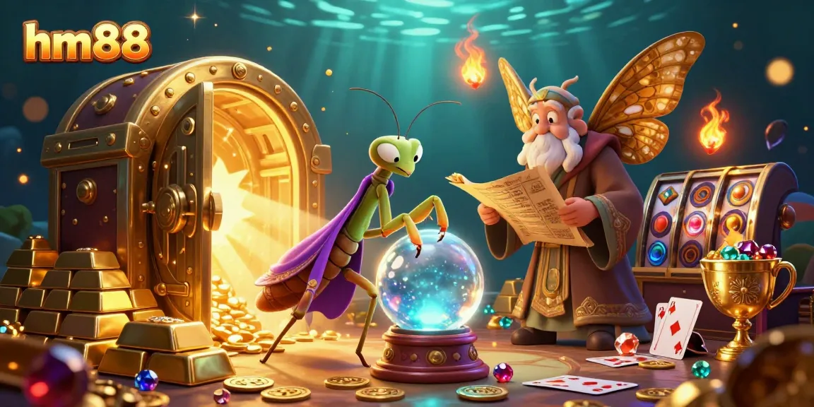 Engage in vibrant gambling action with hm88 as the fortune teller peers into a crystal ball surrounded by festive gaming elements.