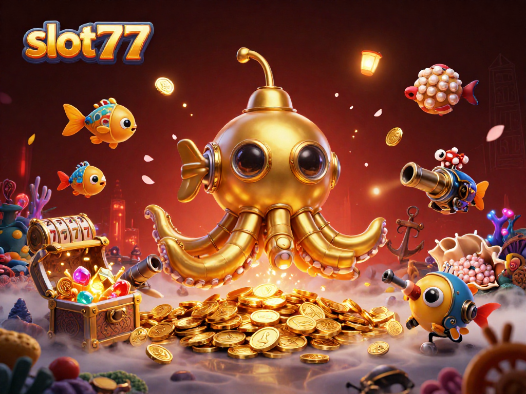 Experience vibrant slot777 action with a golden kraken submarine and treasure in this dynamic 3D scene.