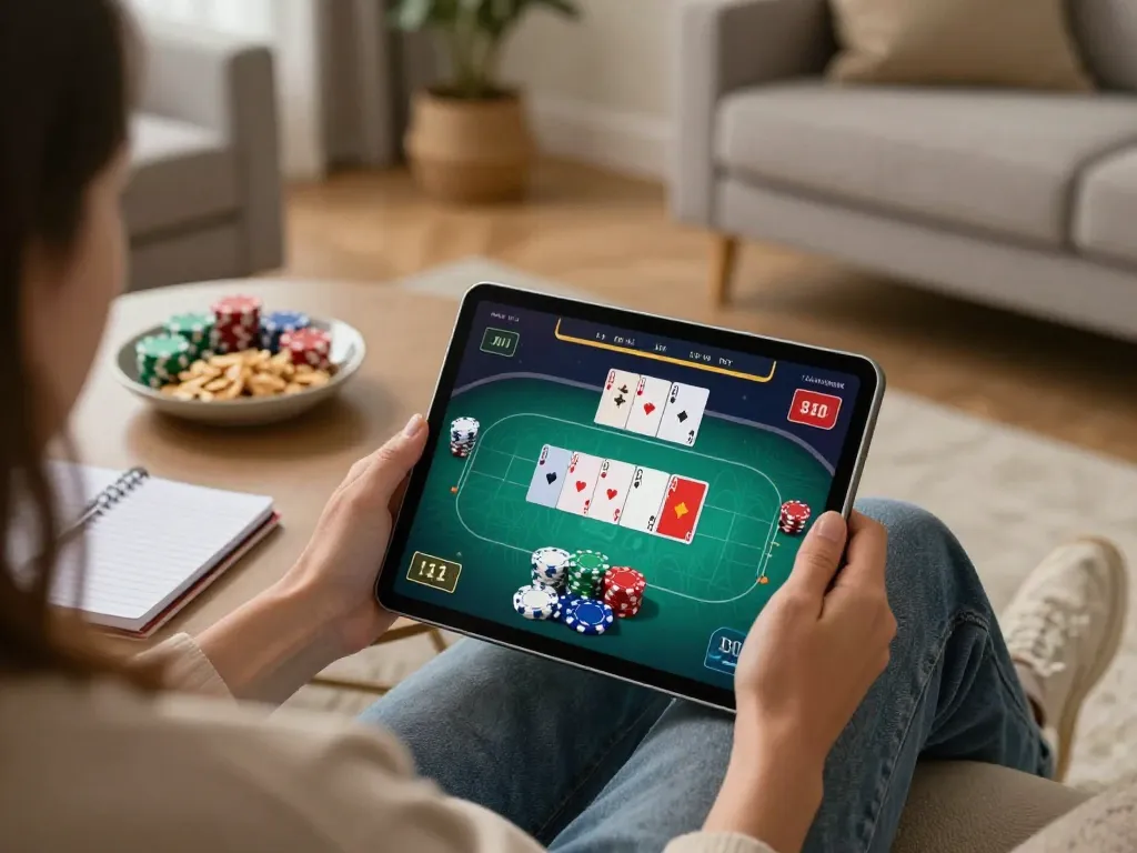 Engaging online poker gameplay on Domino88 displaying cards and chips in a cozy home setting.