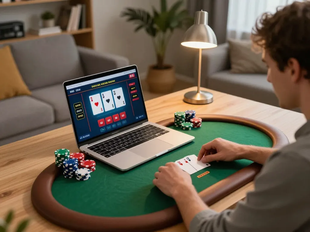 Player engaged in online poker at home showcasing casinosscope strategy and gameplay atmosphere.