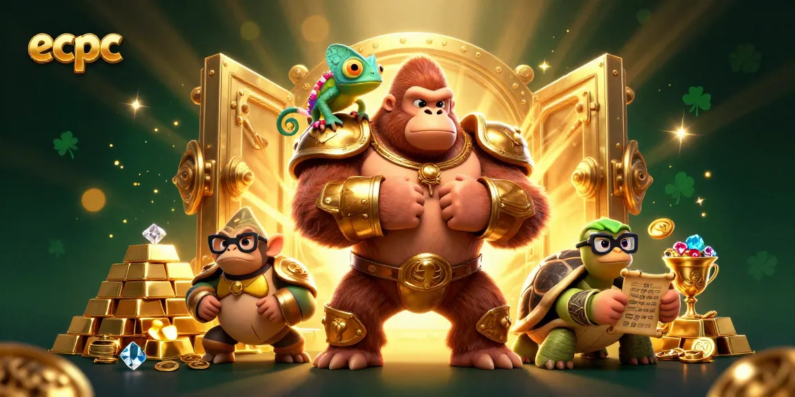 Ecpc showcases an engaging 3D casino scene featuring a vibrant gorilla king, chameleon, and tortoise elder among gold treasures.