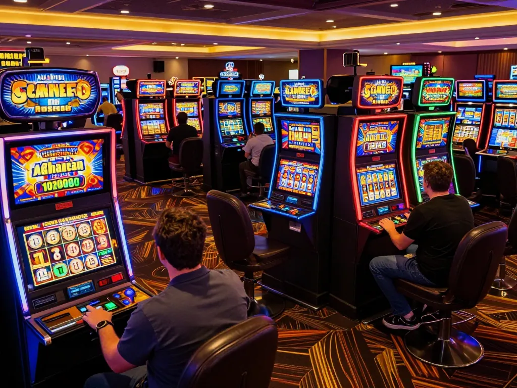 Players enjoying thrilling slots not on gamstop at a vibrant casino, engaging with colorful machines.