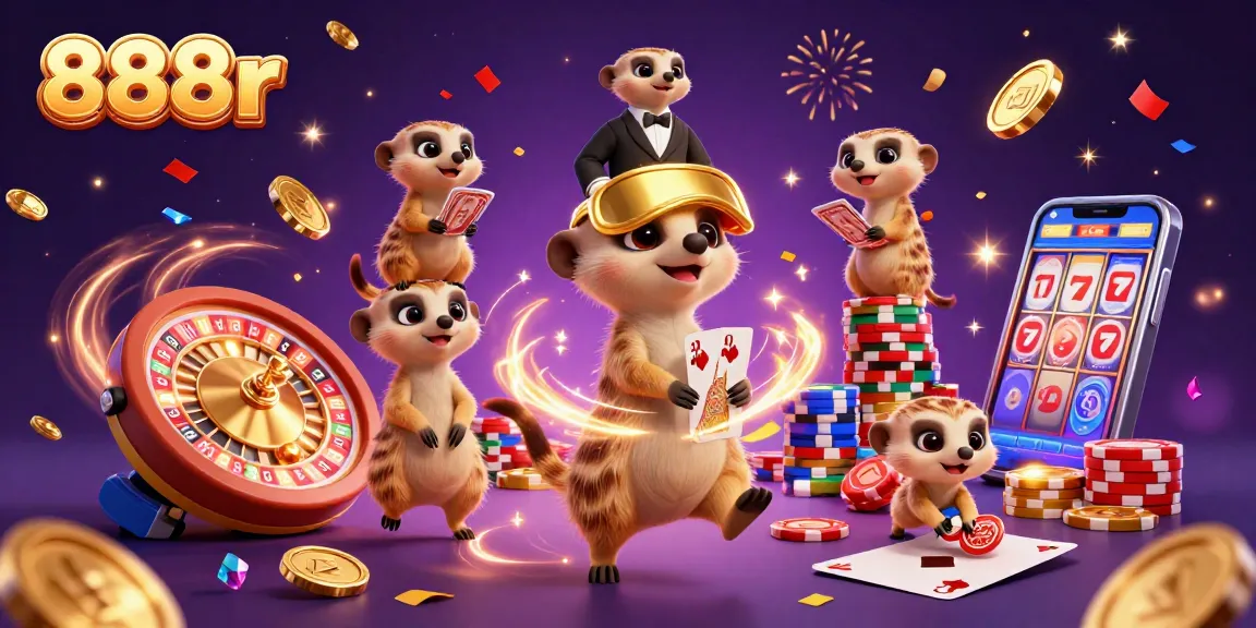 Experience the thrill of 888r casino with meerkats in a lively, colorful gaming scene.