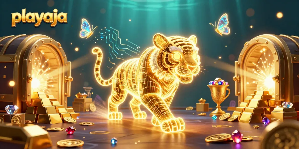 Playaja scene with a golden tiger in a vibrant casino landscape surrounded by treasures.